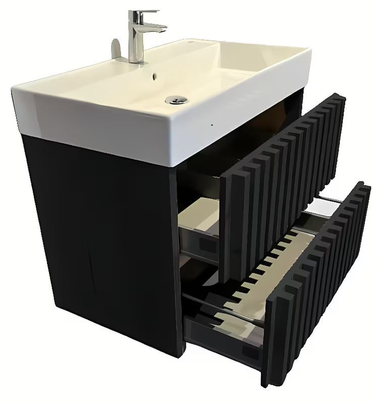 Viseča kopalniška omarica s keramičkim umivaonikom SAT Delano u crnoj mat izvedbi s letvicama.