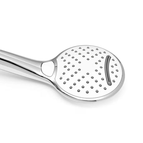 Bijela i krom ručna tuš ročka SAT s tri vrste mlaza i promjerom 12 cm.