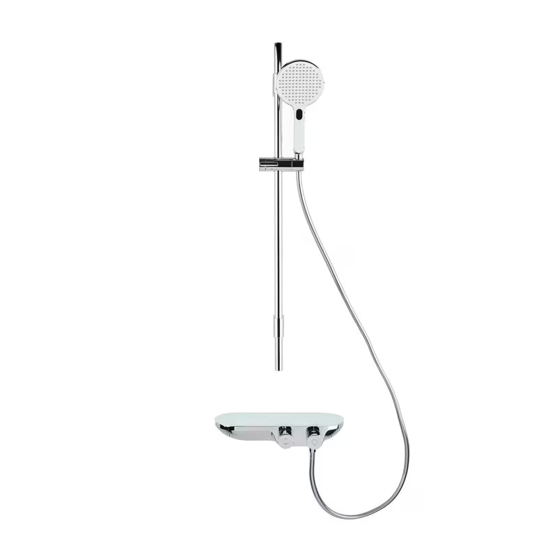 Tušni sistem SAT s termostatsko armaturo u izvedbi bijela/krom s ručnim i nadglavnim tušem te staklenom policom.