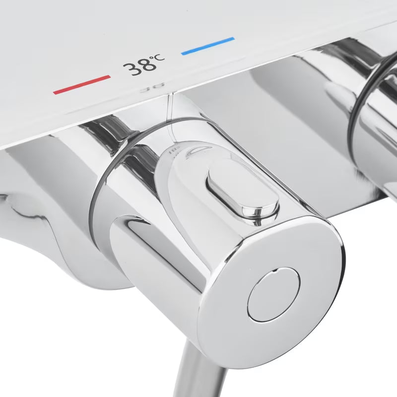 Tušni sistem SAT s termostatsko armaturo u izvedbi bijela/krom s ručnim i nadglavnim tušem te staklenom policom.