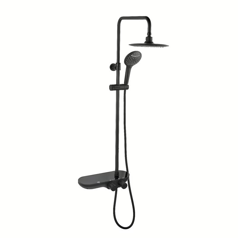 Crni mat tušni sistem SAT s termostatsko armaturo, s nadglavnim i ručnim tušem te staklenom policom.