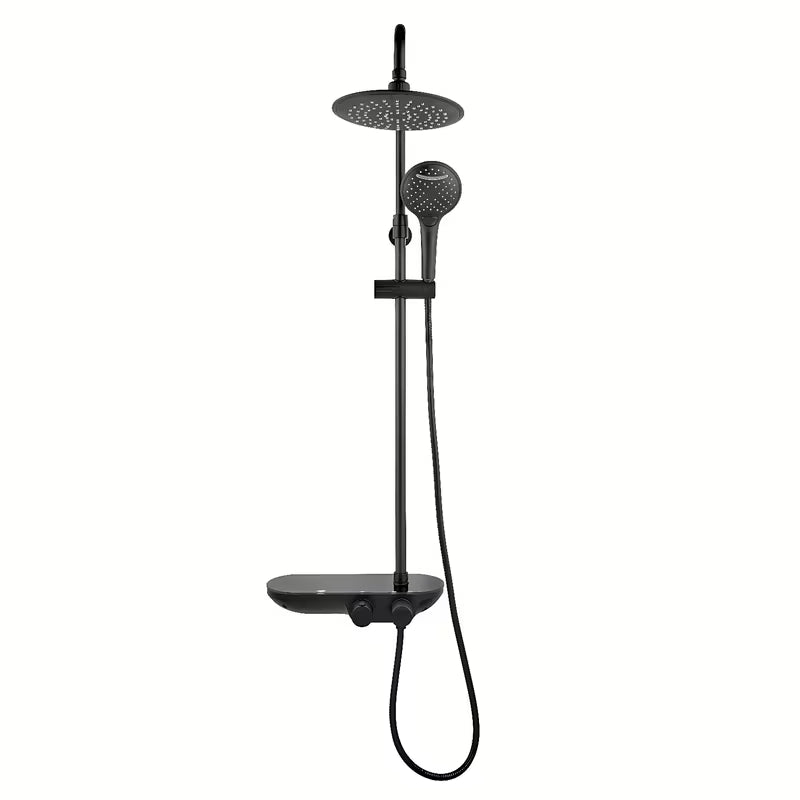 Crni mat tušni sistem SAT s termostatsko armaturo, s nadglavnim i ručnim tušem te staklenom policom.