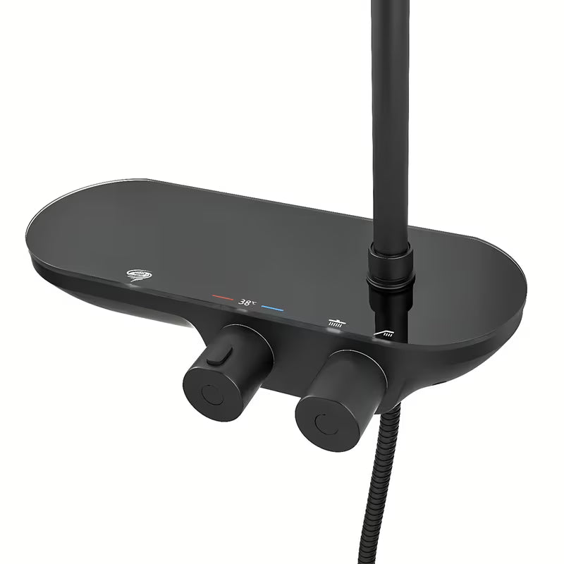 Crni mat tušni sistem SAT s termostatsko armaturo, s nadglavnim i ručnim tušem te staklenom policom.