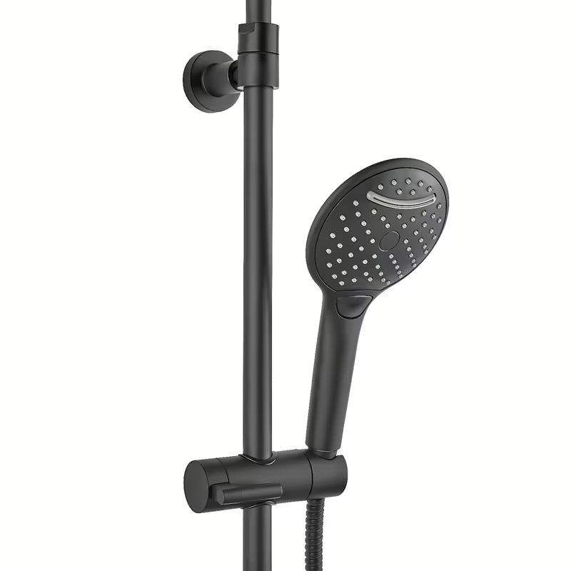Crni mat tušni sistem SAT s termostatsko armaturo, s nadglavnim i ručnim tušem te staklenom policom.
