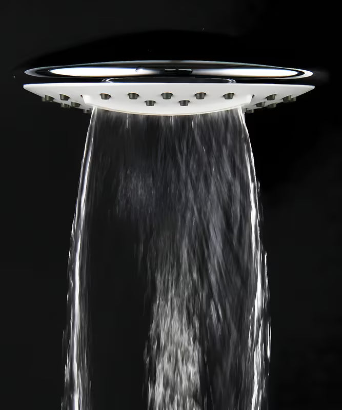 Tušni sistem SAT Chrome s termostatsko armaturo, s nadglavnim i ručnim tušem te staklenom policom, u krom/bijeloj izvedbi.