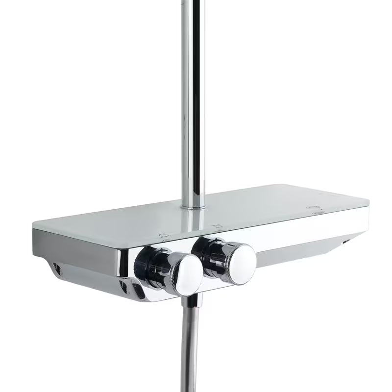 Tušni sistem SAT Chrome s termostatsko armaturo, staklenom policom te nadglavnim i ručnim tušem u krom izvedbi.