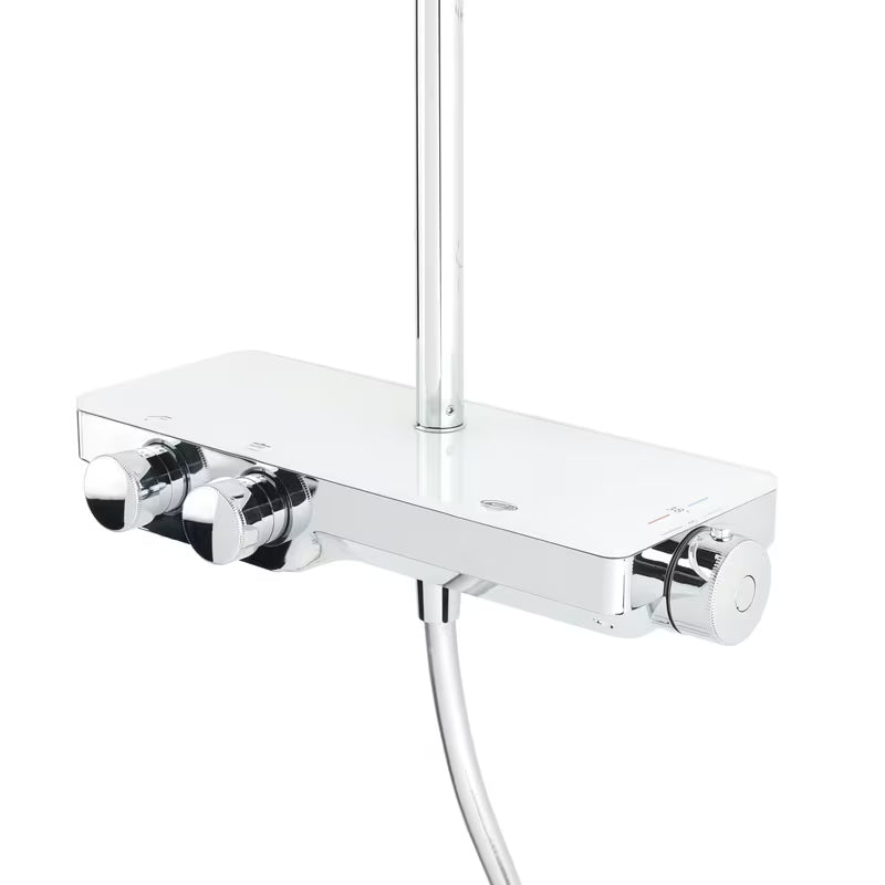 Tušni sistem SAT Chrome s termostatsko armaturo, staklenom policom te nadglavnim i ručnim tušem u krom izvedbi.