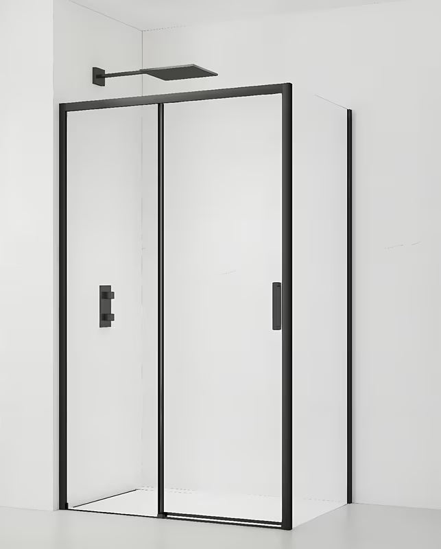 Pravokotna tuš kabina SAT Tex BB 110x90 cm s prozornim steklom in črnimi mat profili.
