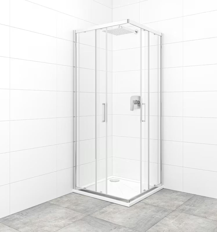 Kvadratna tuš kabina SAT Tex 80x80 cm s prozornim steklom, drsnimi vrati in profili v sijaj krom izvedbi.