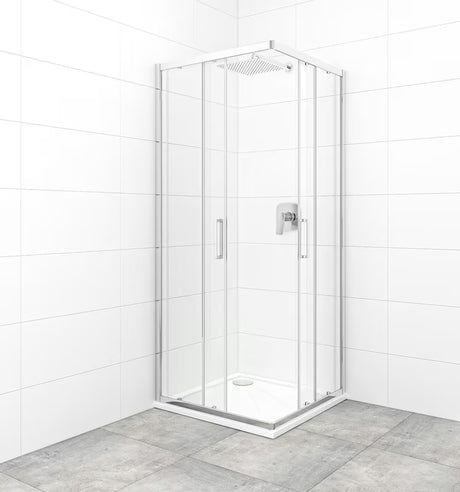 Kvadratna tuš kabina SAT Tex 80x80 cm s prozornim steklom, drsnimi vrati in profili v sijaj krom izvedbi.