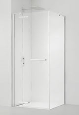 Kvadratna tuš kabina SAT Tgd New 90x90 cm v mat beli barvi s prozornim steklom in nihajnimi vrati.