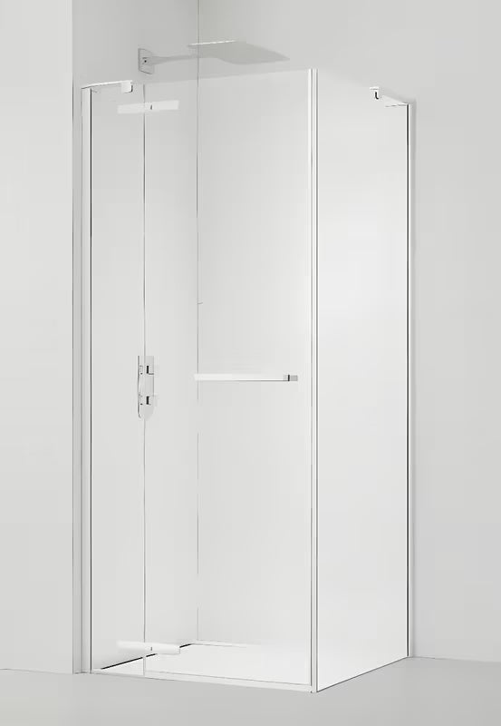 Kvadratna tuš kabina SAT Tgd New 90x90 cm v mat beli barvi s prozornim steklom in nihajnimi vrati.