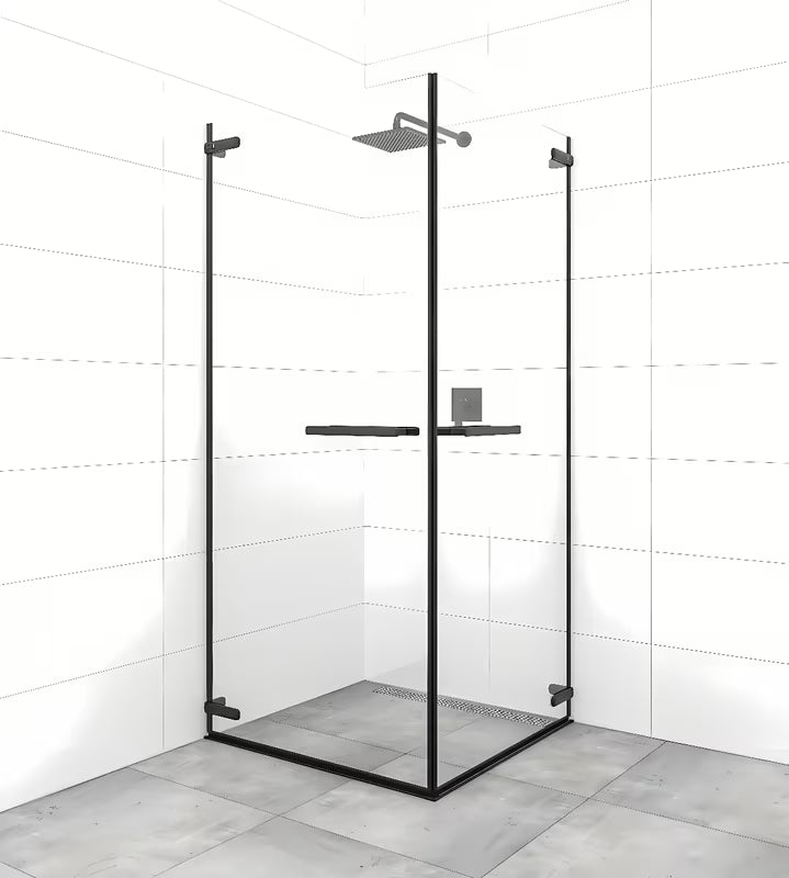 Pravokotni brezokvirni tuš kabina SAT Tgd New 90x80 cm v črni mat barvi s prozornim steklom.