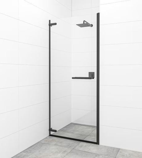 Nihajna tuš vrata SAT TGD New 90 cm s profili v mat črni barvi in prozornim steklom