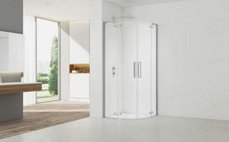 Polkrožna tuš kabina SAT TGD New 90x90 cm u krom izvedbi s prozirnim staklom i vratima na šarke