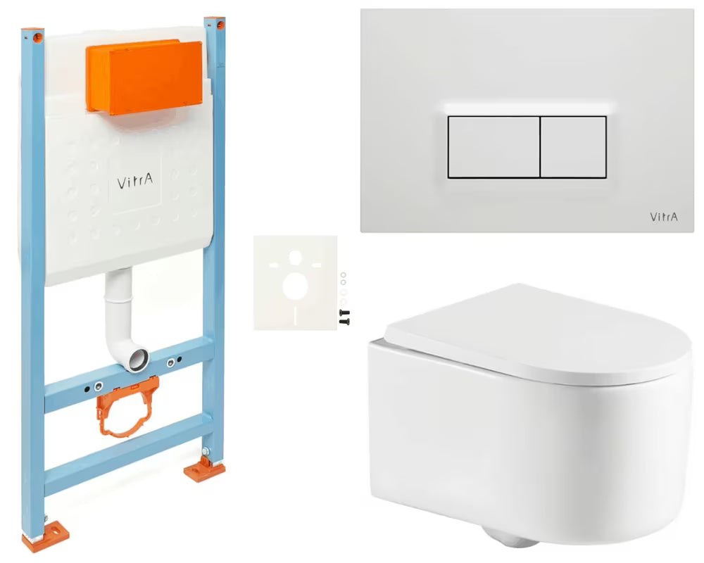 Viseči WC set SAT Tornado z vrtinčnim splakovanjem, modulom V-Fix in belo sijajno splakovalno tipko