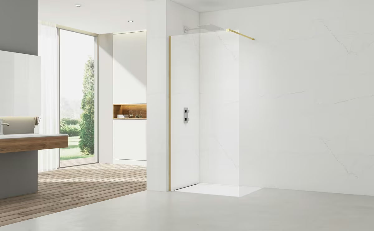 Walk-in tuš stena SAT Walk-in 130 cm iz prozornega stekla z medeninastimi profili