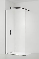 Črna walk-in tuš stena SAT Walk-in 150 cm s prozornim varnostnim steklom in brezokvirno izvedbo.