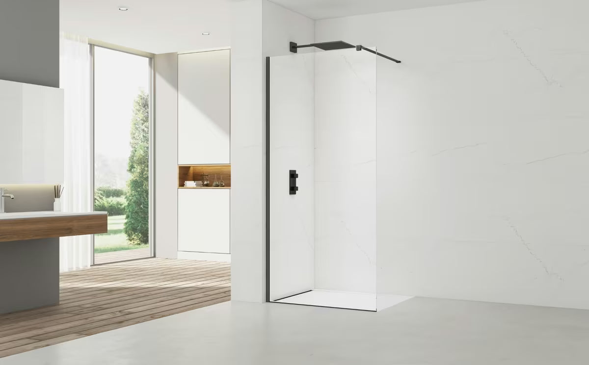 Walk-in tuš stena SAT Walk-in 150 cm s prozornim steklom in črnimi profili