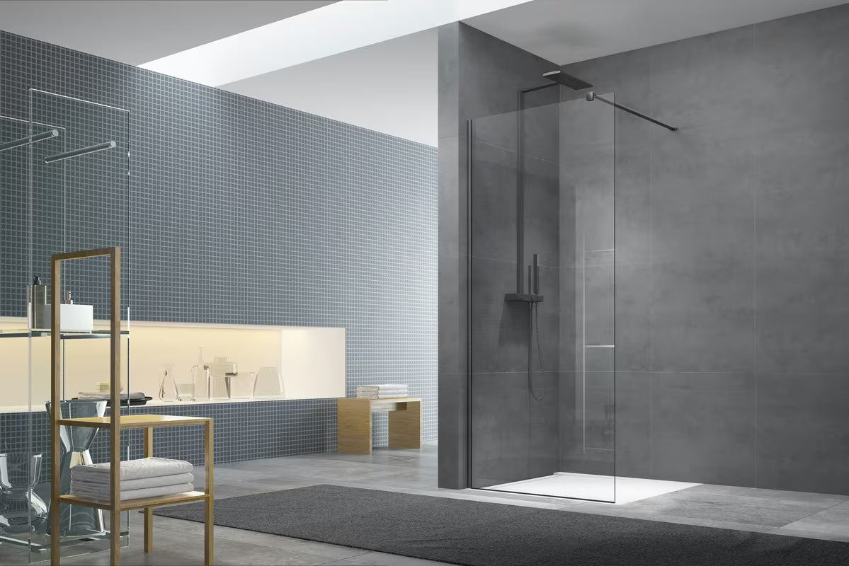 Komplet SAT Walk-In za pro tuš kabino Walk-in v izvedbi PVD gun metal s stranskim profilom in spodnjo letvijo