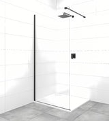 Crna walk-in tuš stijena s prozirnim sigurnosnim staklom i stabilizacijskim nosačem