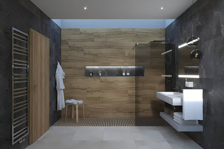 Tuš stijena SAT Walk-in 110 cm u sjajnom kromu s neprozirnim dimljenim staklom i stabilizacijskom šipkom.