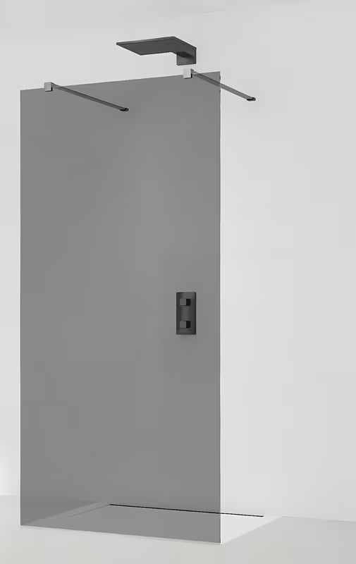 SAT Walk-in tuš stena Walk-In 110 cm u crnoj izvedbi s prozirnim staklom i bezokvirnim dizajnom.