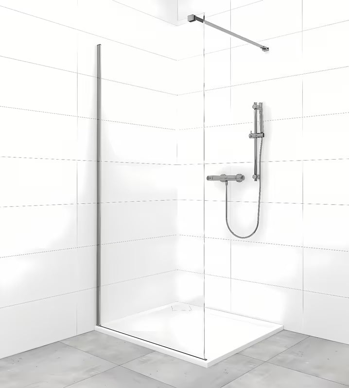 SAT Walk-in tuš stena Walk-In 80 cm u crnoj izvedbi s prozirnim staklom i PVD Gun metal stabilizacijskom šipkom.