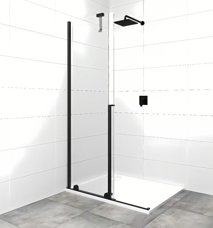 Tuš stena Walk-In SAT Xmotion 110 cm v črni barvi s prozornim steklom in drsnim odpiranjem.