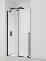 Drsno tuš vrata SAT Xmotion 110 cm v črni barvi s prozornim steklom v brezokvirni izvedbi.
