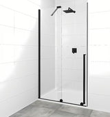 Drsno tuš vrata SAT Xmotion 110 cm v črni barvi s prozornim steklom v brezokvirni izvedbi.