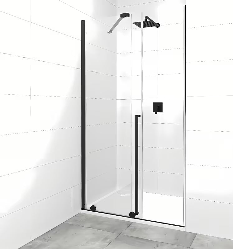 Drsno tuš vrata SAT Xmotion 110 cm v črni barvi s prozornim steklom v brezokvirni izvedbi.