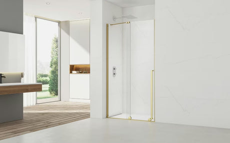Tuš vrata SAT Walk-In Xmotion 110 cm v sijajni zlati izvedbi s prozornim steklom in drsnim odpiranjem.