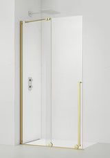 Walk-in tuš stena SAT Xmotion 110 cm v sijajni zlati barvi s prozornim steklom in brezokvirno izvedbo.