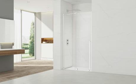 Tuš vrata SAT Xmotion Walk-In 140 cm v beli barvi s prozornim steklom in drsnim odpiranjem
