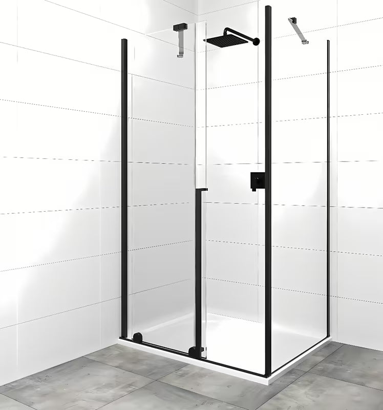 Pravokotna tuš kabina SAT Xmotion 140x80 cm v črni izvedbi s prozornim steklom in drsnim sistemom.