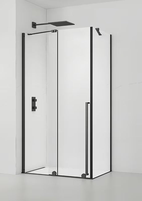 Tuš kabina SAT Xmotion 140x90 cm v črni izvedbi s prozornim steklom in drsnim odpiranjem