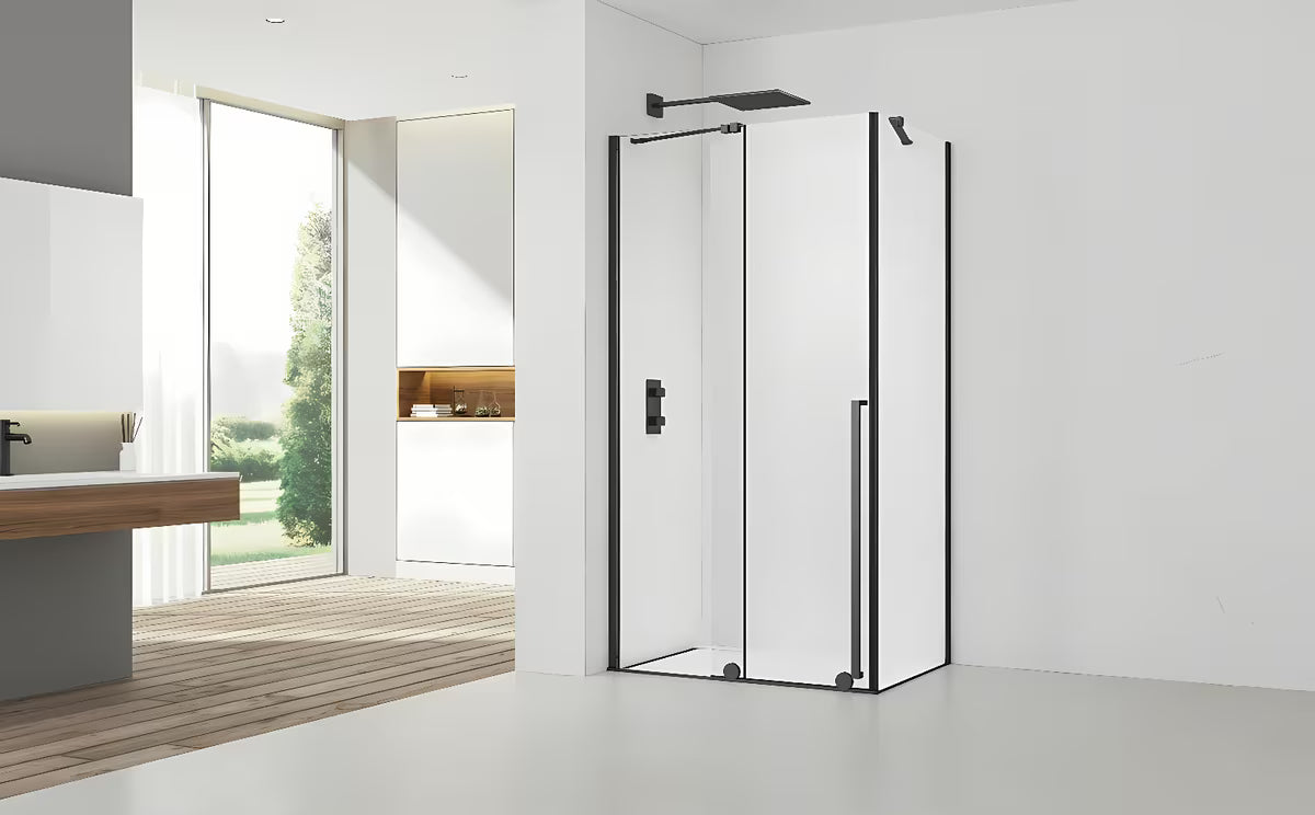 Tuš kabina SAT Xmotion 140x90 cm v črni izvedbi s prozornim steklom in drsnim odpiranjem