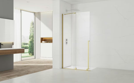 Tuš stena Walk-In SAT Walk-In Xmotion 140 cm s prozornim steklom in sijočimi zlatimi profili