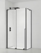 Pravokotna tuš kabina SAT Walk-In Xmotion 110x90 cm v črni barvi z drsnimi vrati in prozornim steklom.