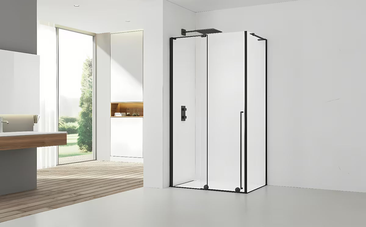 Tuš kabina SAT Walk-In Xmotion 120x80 cm v črni barvi z drsnimi vrati in prozornim steklom