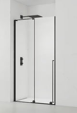 Tuš vrata za nišo SAT Xmotion 140 cm v črni barvi s prozornim steklom in drsnim odpiranjem.