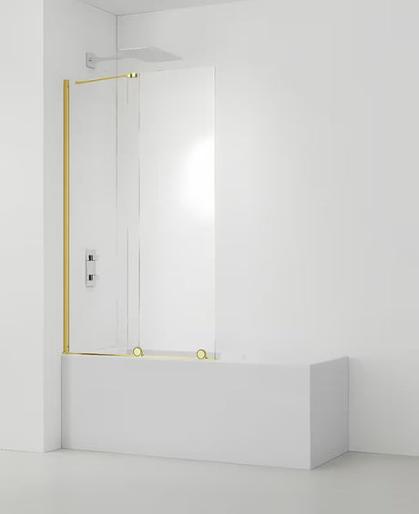 Drsna stena za kopalno kad SAT Walk-In Xmotion 150x117,5 cm iz prozornega stekla s sijajnim zlatim profilom.