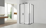 Kvadratna tuš kabina SAT Walk-In Xmotion 140x140 cm u crnoj izvedbi s prozirnim staklom i kliznim vratima.