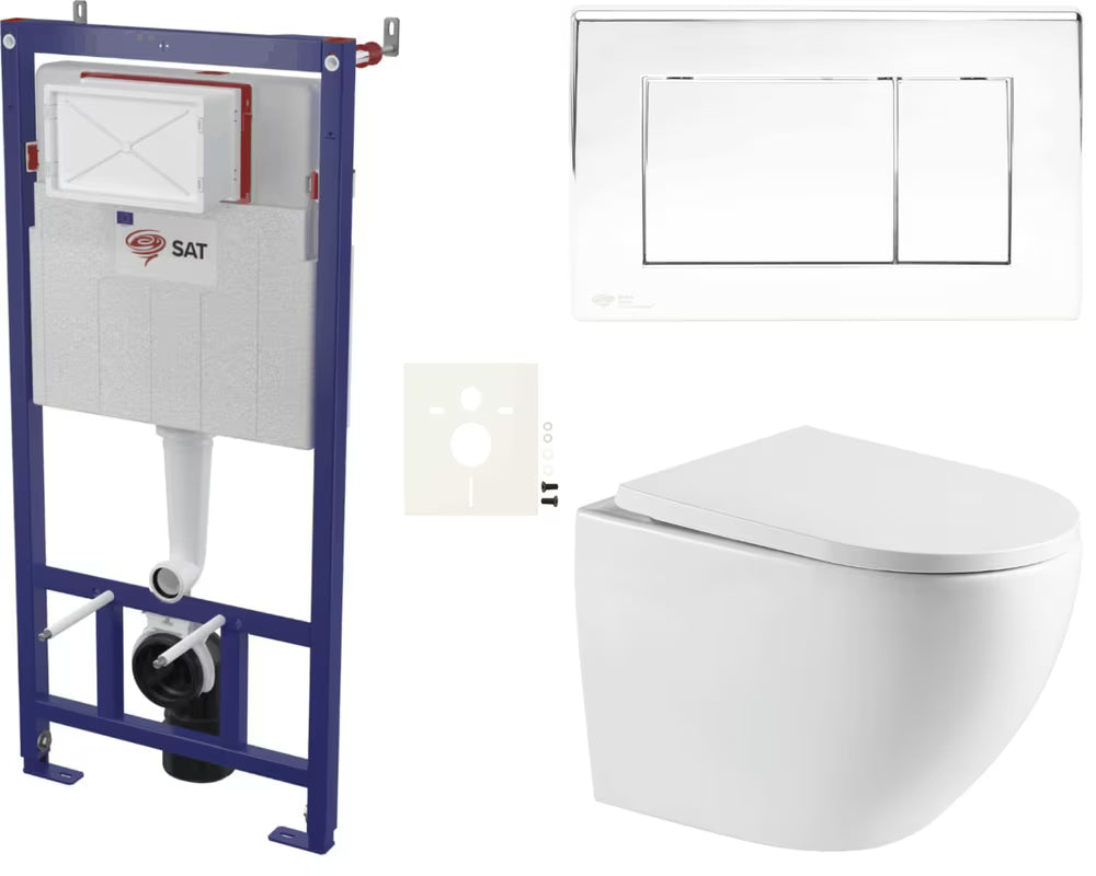 Viseči WC set SAT Fusion pro za predzidnu instalaciju s tipkom za ispiranje u sjajnom kromu
