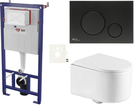 Viseči WC set SAT Tornado s vrtložnim ispiranjem, modulom, vodokotlićem, crnim mat tipkalom i sjedalom mehko Zapiranje Soft Close.