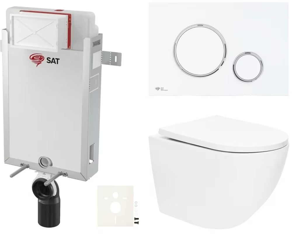 Viseči WC set SAT Fusion s vrtložnim ispiranjem, ugradbenim modulom, vodokotlićem i tipkom u bijeloj mat boji