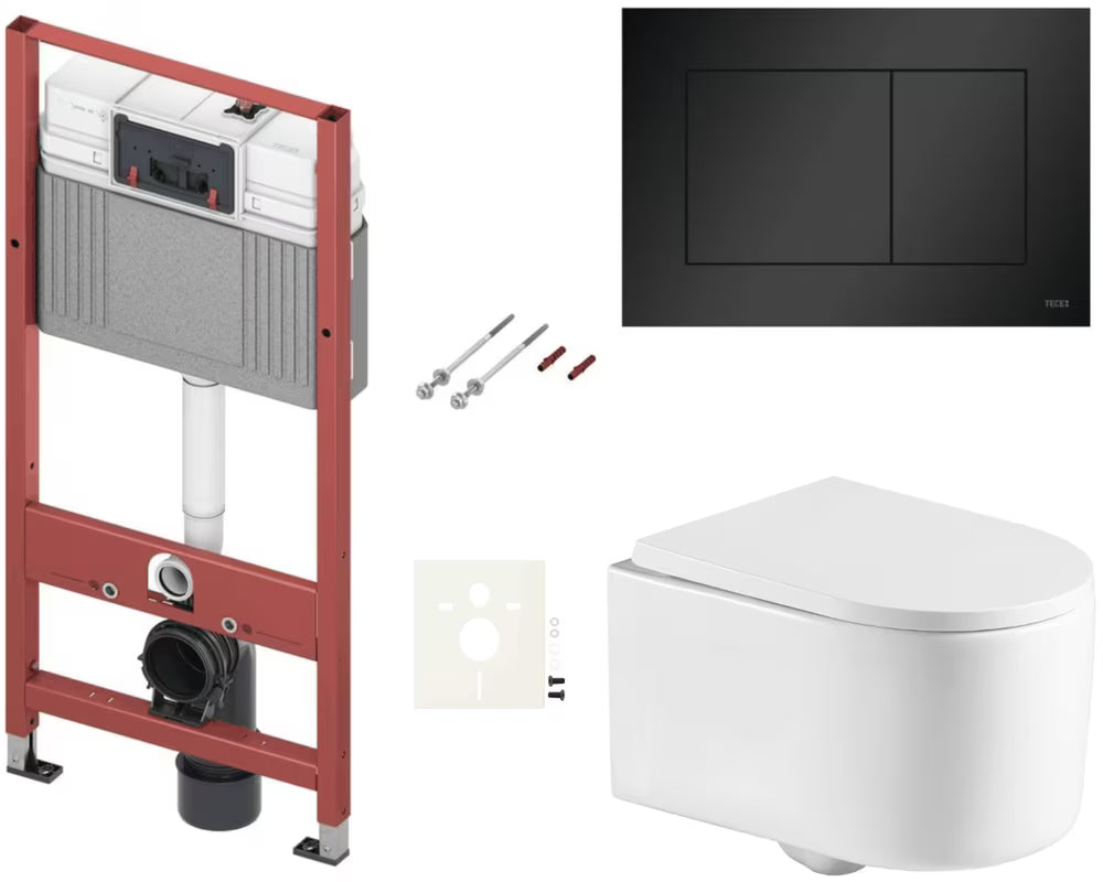 Viseči WC set SAT Tornado s vrtložnim ispiranjem, vodokotlićem TECE i tipkom TECE nowa u mat crnoj boji