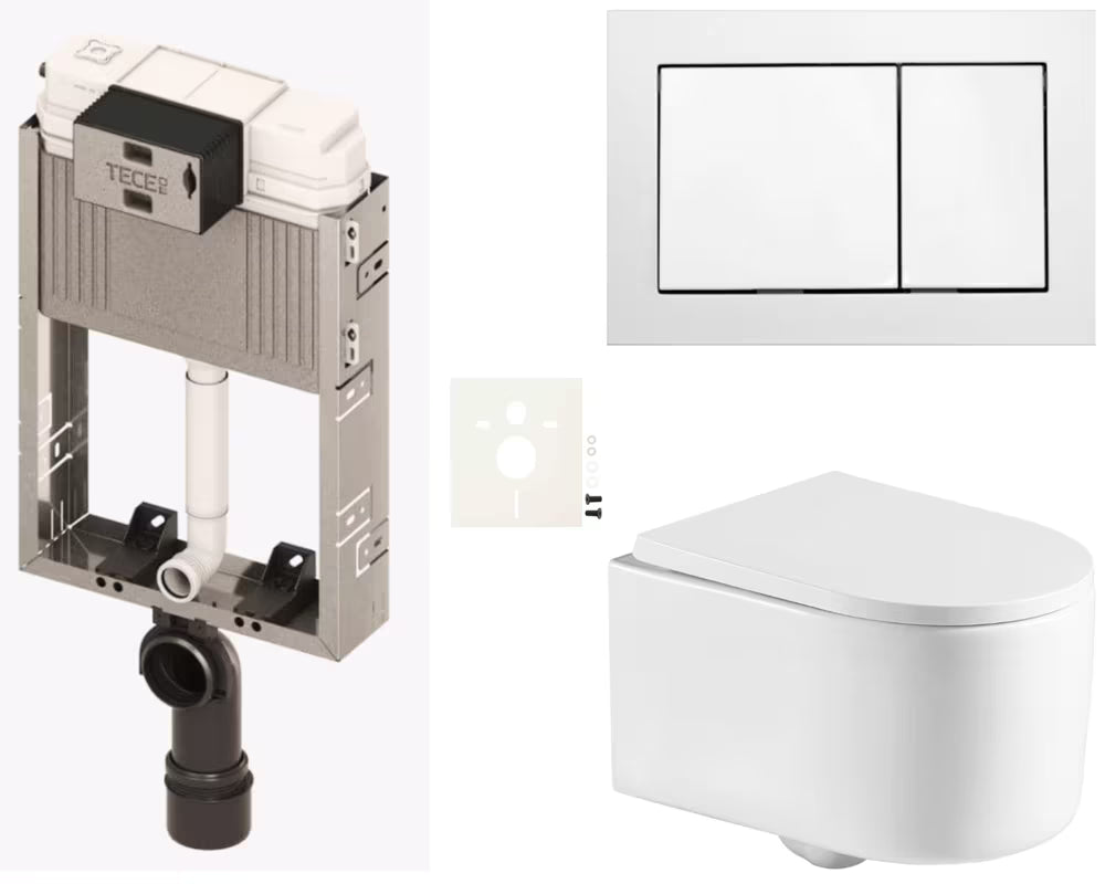 Viseči WC set SAT Tornado za ugradnju u zid s vrtložnim ispiranjem i bijelom tipkom za ispiranje