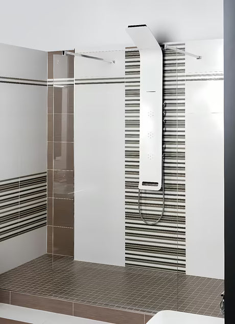 Bel tuš panel SIKO Alushower s 4 funkcijami, vključno z nadglavno in ročno tuši, slapom in masažnimi šobami.
